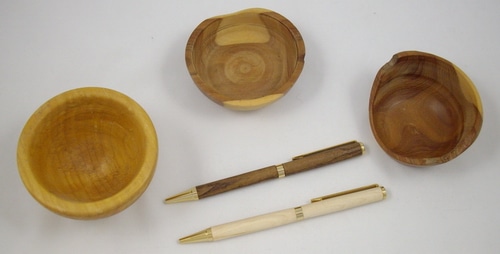 Small bowls and pens turned from local woods
